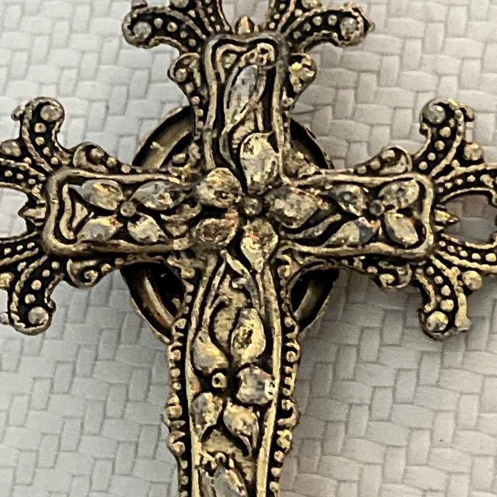 Vintage Ornate Tiger's Eye Cross Pendant Necklace Gold Tone Victorian 24